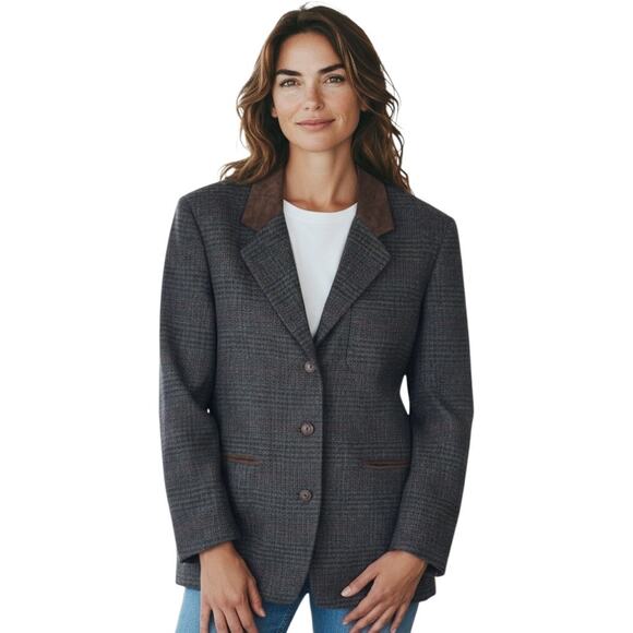 Express Suede Collar Wool Plaid Blazer Jacket Suede Gray Brown Size L - Picture 1 of 11